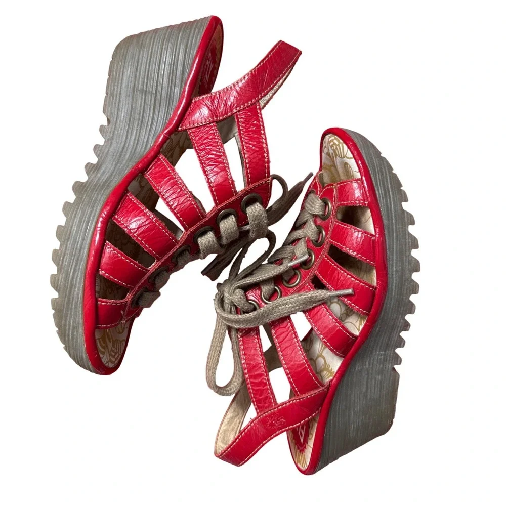 Fly London Wedge Sandals Women 37 Red Good Lace Up Gladiator Platform P500459016
